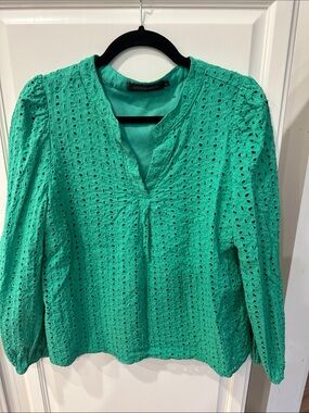 Merokeety Green Eyelet Split-Neck Blouse